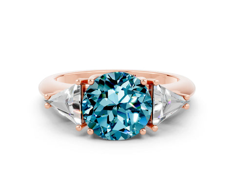 Rose gold Three-Stone Round Cut Cut Diamond Ring with Trillion Side Stones and Four-Prong Setting