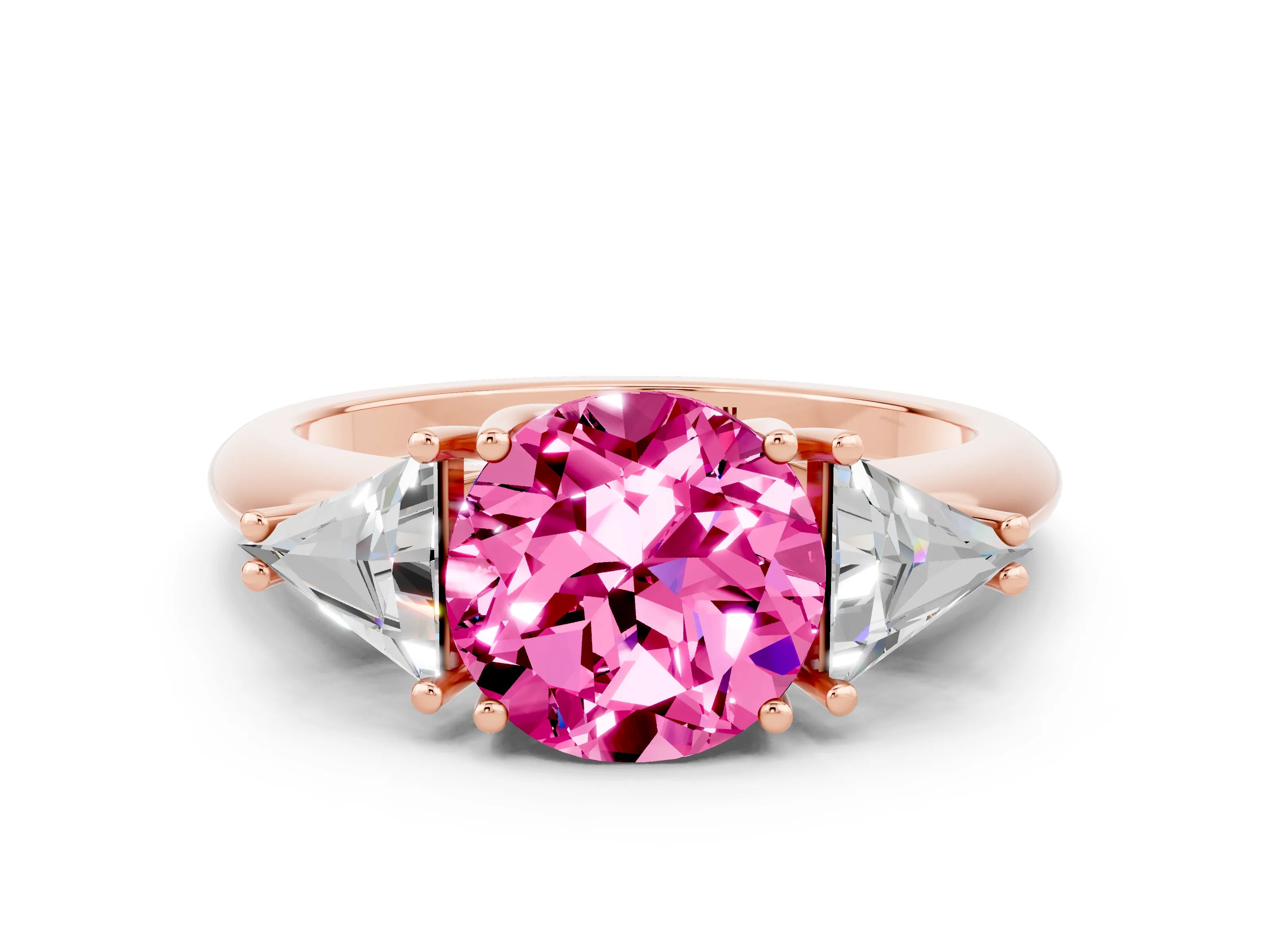 Rose gold Three-Stone Round Cut Cut Diamond Ring with Trillion Side Stones and Four-Prong Setting