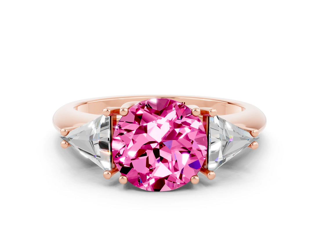 Rose gold Three-Stone Round Cut Cut Diamond Ring with Trillion Side Stones and Four-Prong Setting