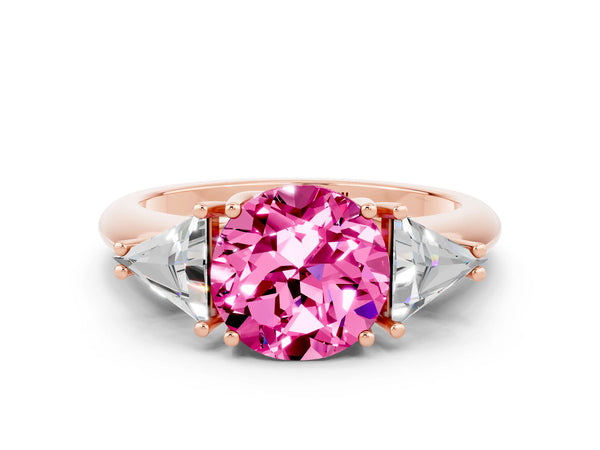 Rose gold Three-Stone Round Cut Cut Diamond Ring with Trillion Side Stones and Four-Prong Setting