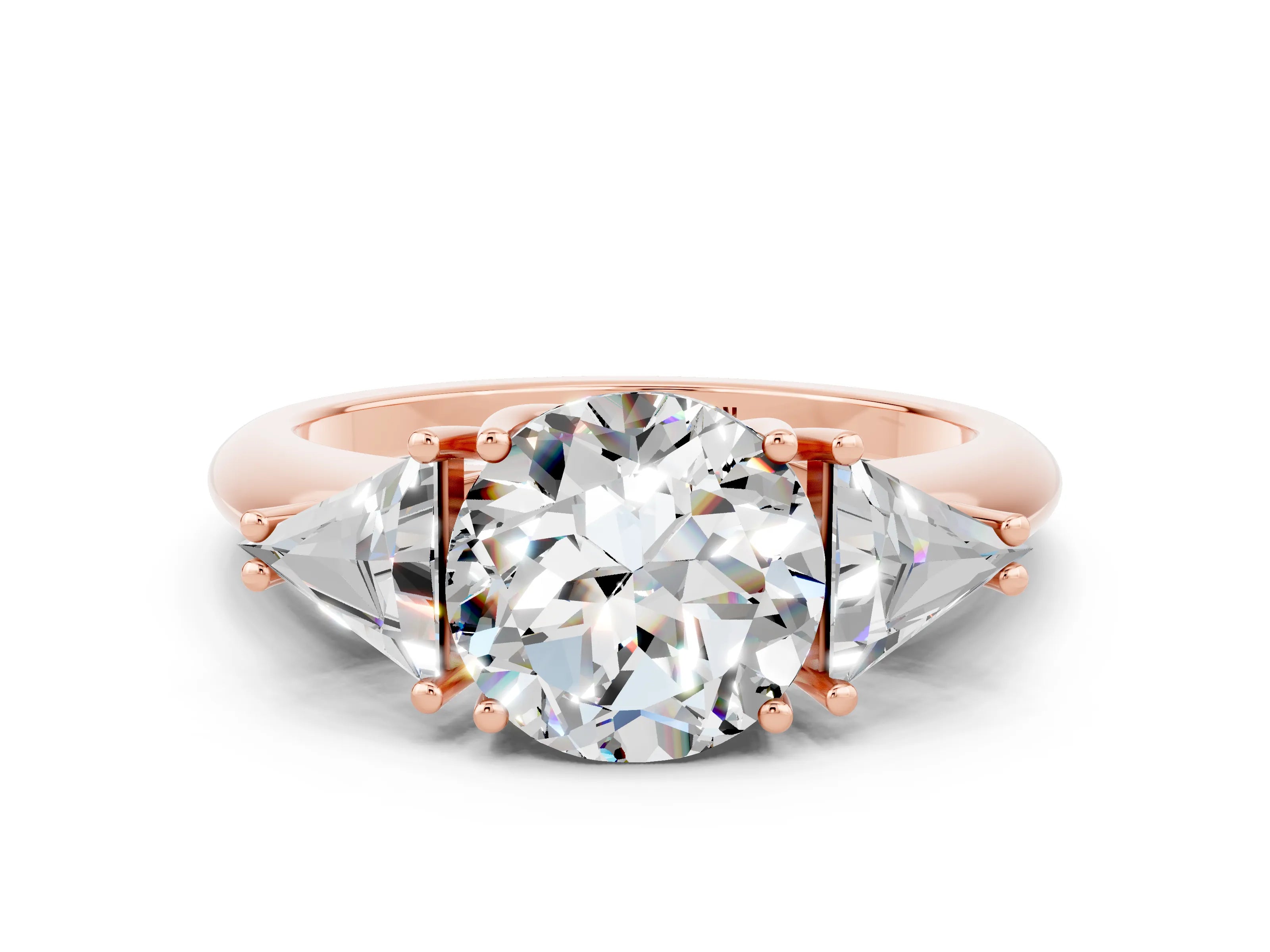 Rose gold Three-Stone Round Cut Cut Diamond Ring with Trillion Side Stones and Four-Prong Setting