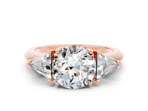 Rose gold Three-Stone Round Cut Cut Diamond Ring with Trillion Side Stones and Four-Prong Setting