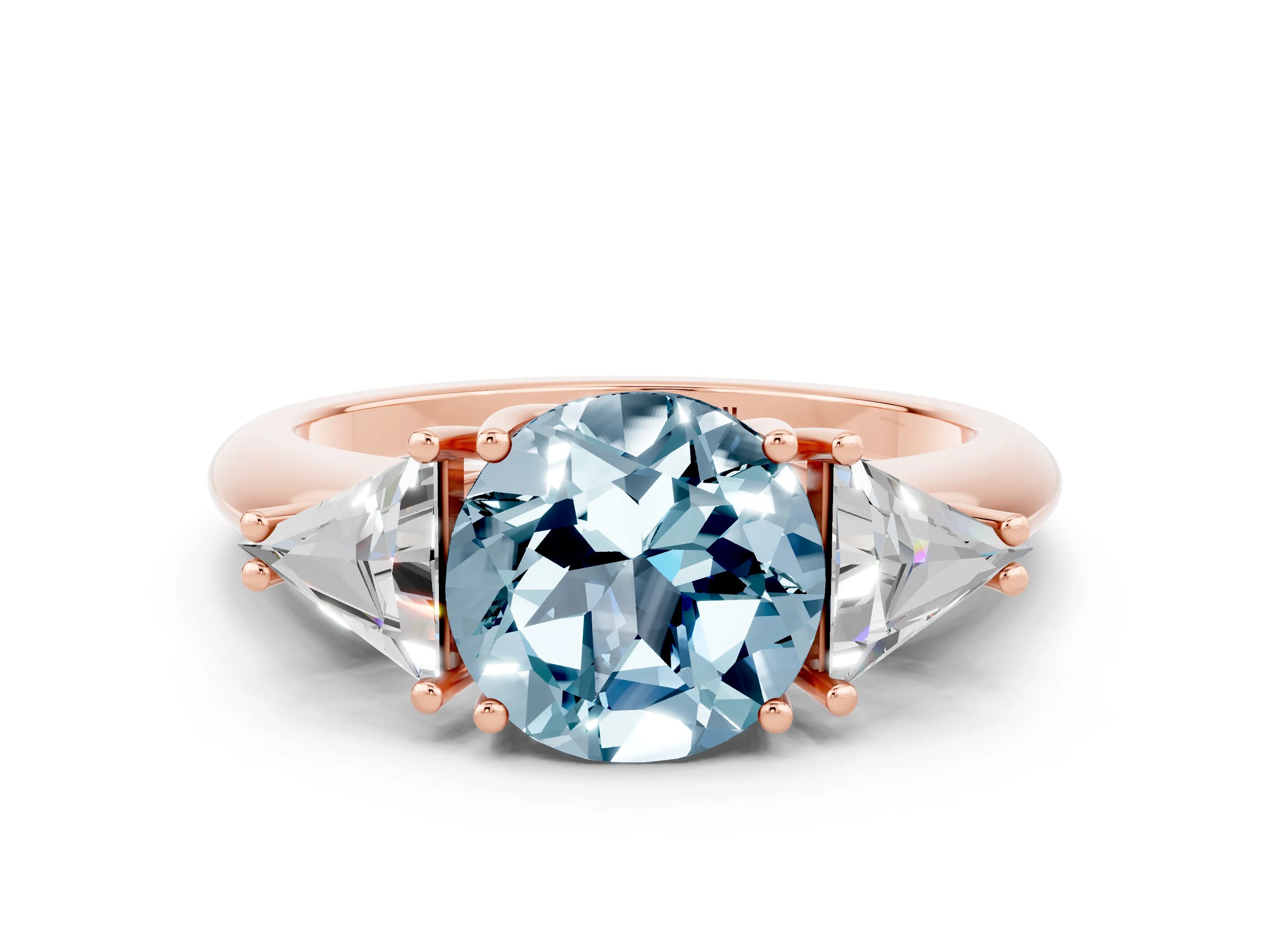 Rose gold Three-Stone Round Cut Cut Diamond Ring with Trillion Side Stones and Four-Prong Setting