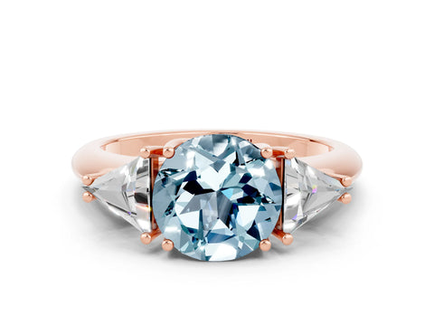 Rose gold Three-Stone Round Cut Cut Diamond Ring with Trillion Side Stones and Four-Prong Setting