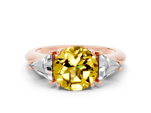 Rose gold Three-Stone Round Cut Cut Diamond Ring with Trillion Side Stones and Four-Prong Setting