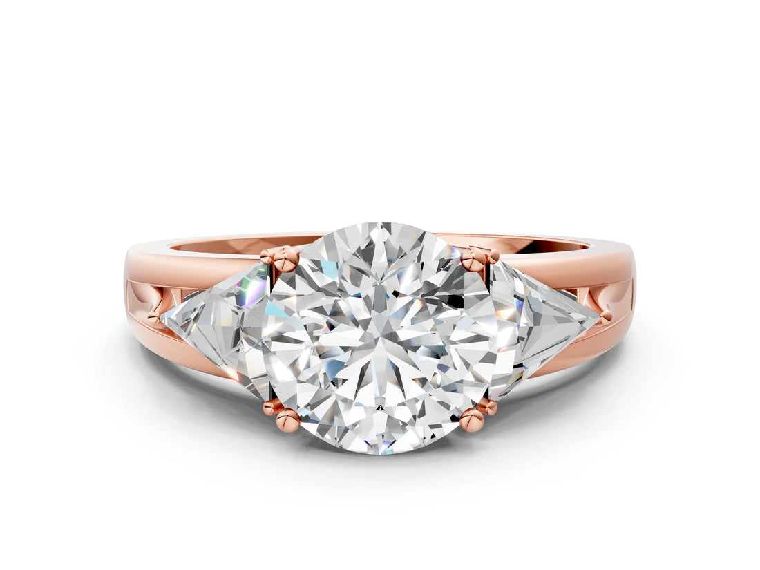 Rose gold Three-Stone Round Cut Cut Diamond Ring with Trillion Side Stones on a Split Shank Band_13