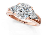 Rose gold Three-Stone Round Cut Cut Diamond Ring with Trillion Side Stones on a Split Shank Band_14