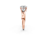 Rose gold Three-Stone Round Cut Cut Diamond Ring with Trillion Side Stones on a Split Shank Band_15