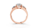 Rose gold Three-Stone Round Cut Cut Diamond Ring with Trillion Side Stones on a Split Shank Band_16