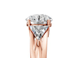 Rose gold Three-Stone Round Cut Cut Diamond Ring with Trillion Side Stones on a Split Shank Band_18