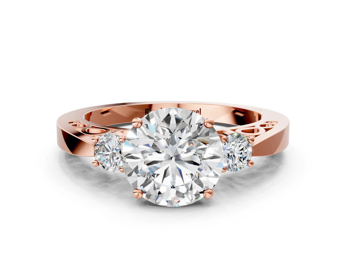 Rose gold Three-Stone Round Cut Diamond Cathedral Engagement Ring with Prong Setting_6