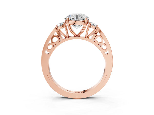 Rose gold Three-Stone Round Cut Diamond Cathedral Engagement Ring with Prong Setting