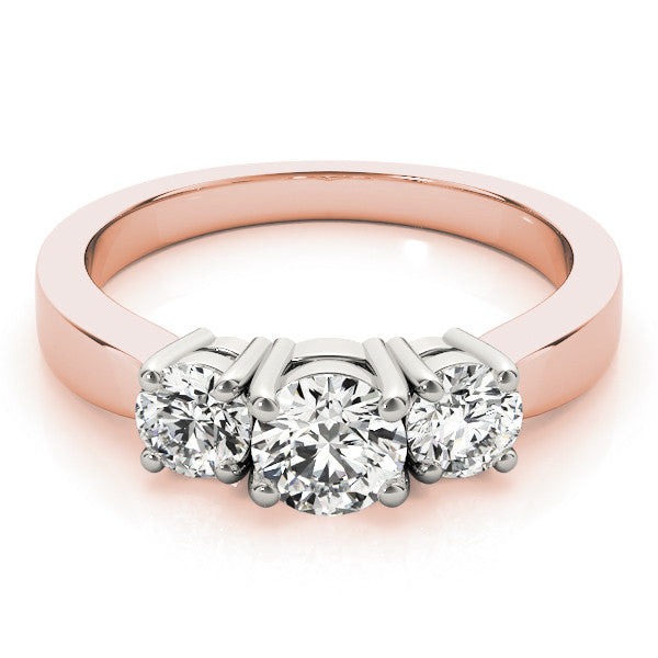 Rose gold Three-Stone Round Cut Diamond Engagement Ring with Flat Band and Four-Prong Setting 1