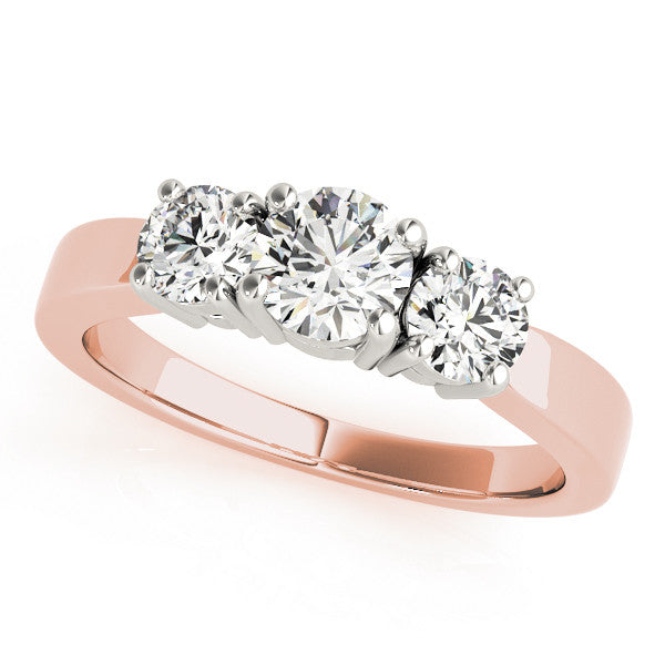 Rose gold Three-Stone Round Cut Diamond Engagement Ring with Flat Band and Four-Prong Setting