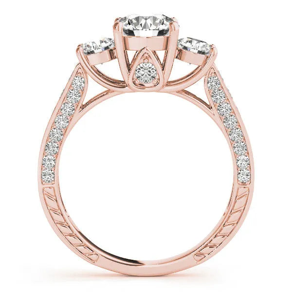 Rose gold Three-Stone Round Cut Diamond Engagement Ring with Split Shank and Prong Setting