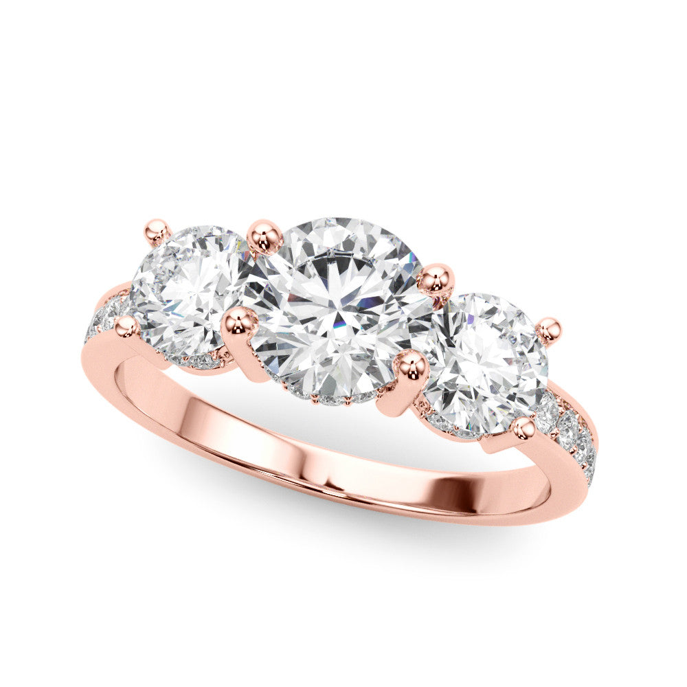 Rose gold Three-Stone Round Cut Diamond Pavé Band with Four-Prong Setting