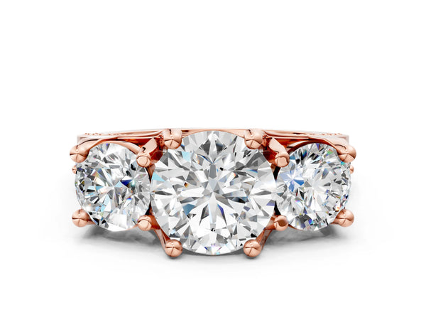 Rose gold Round Cut Diamond Three-Stone Ring with Channel Set Band and Four-Prong Setting