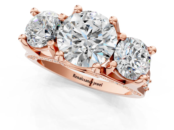 Rose gold Round Cut Diamond Three-Stone Ring with Channel Set Band and Four-Prong Setting