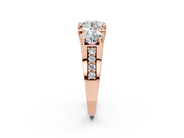Rose gold Round Cut Diamond Three-Stone Ring with Channel Set Band and Four-Prong Setting