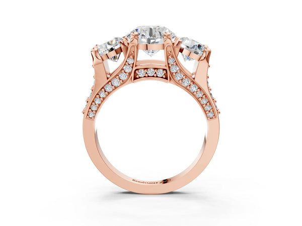 Rose gold Round Cut Diamond Three-Stone Ring with Channel Set Band and Four-Prong Setting