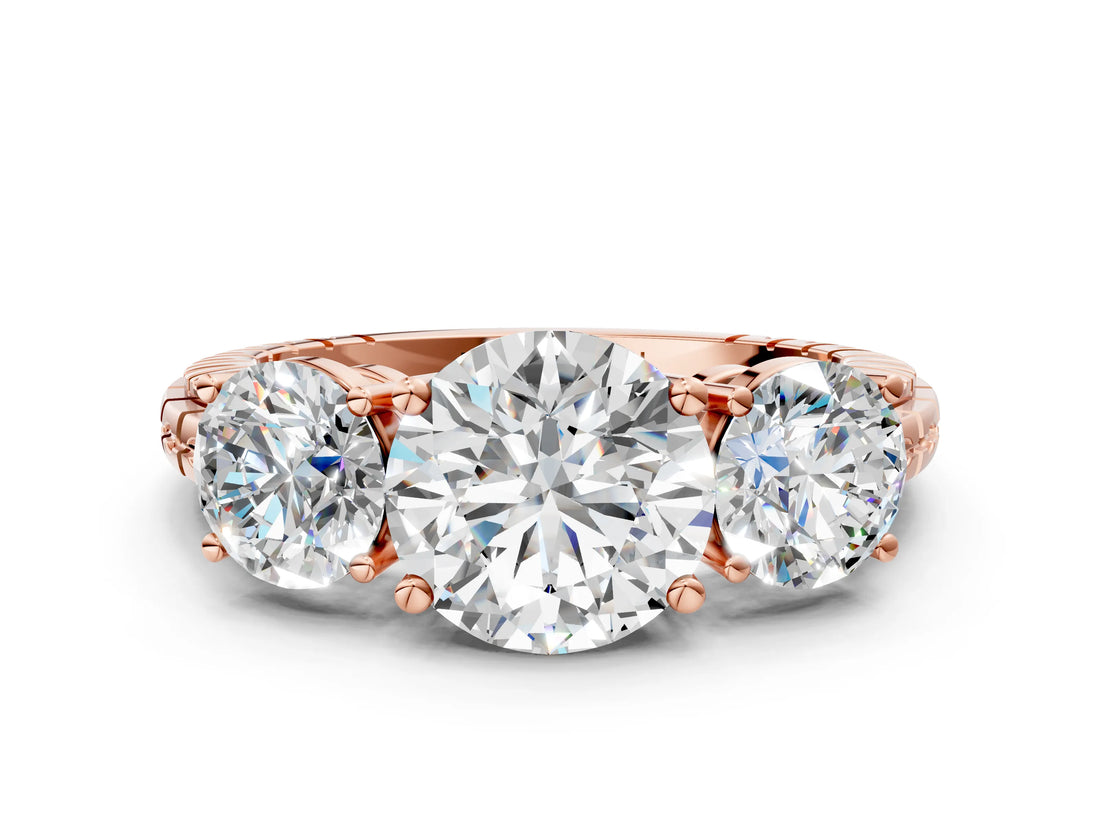 Rose gold Three-Stone Round Cut Diamond Ring with Channel-Set Band and Prong Setting_6