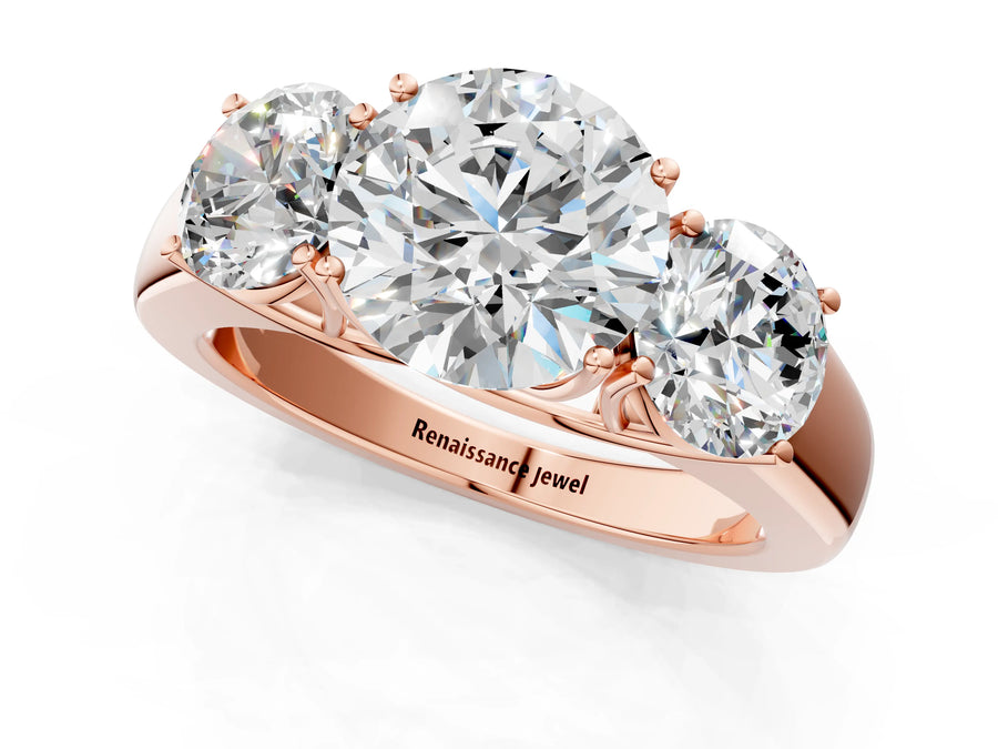 Rose gold Three-Stone Round Cut Diamond Ring with Prong Setting and Classic Band