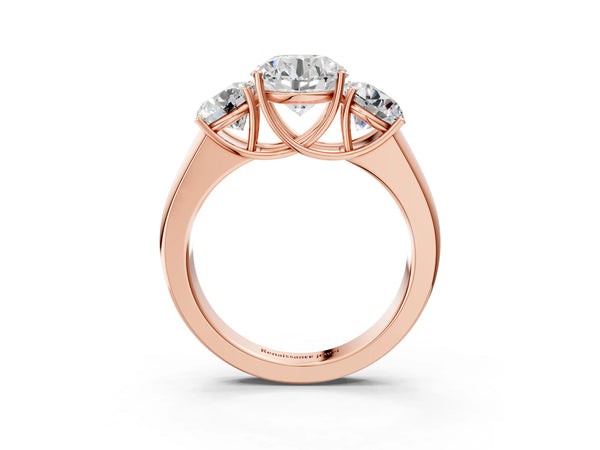 Rose gold Three-Stone Round Cut Diamond Ring with Prong Setting and Classic Band