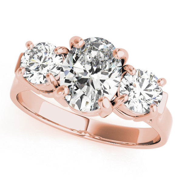 Rose gold Three-Stone Marquise Cut Diamond Ring with Round Accent Stones, Prong Setting, and Classic Band