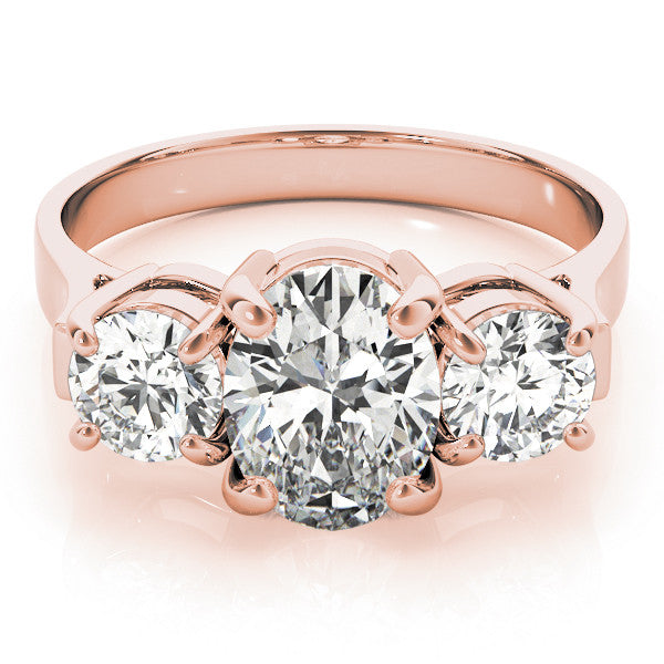 Rose gold Three-Stone Radiant Cut Diamond Ring with Round Accent Stones, Prong Setting, and Classic Band
