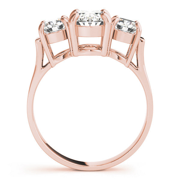 Rose gold Three-Stone Marquise Cut Diamond Ring with Round Accent Stones, Prong Setting, and Classic Band