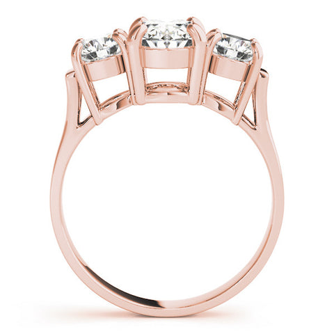 Rose gold Three-Stone Round Cut Diamond Ring with Round Accent Stones, Prong Setting, and Classic Band