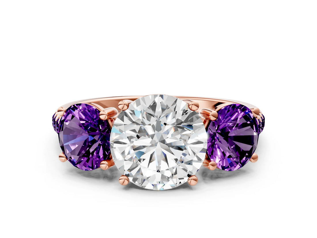 Rose gold Three-Stone Round Cut Diamond Ring with Round with Amethyst side stone Pavé Band and Prong Setting