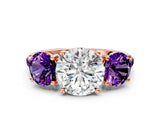 Rose gold Three-Stone Round Cut Diamond Ring with Round with Amethyst side stone Pavé Band and Prong Setting