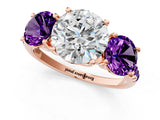 Rose gold Three-Stone Round Cut Diamond Ring with Round with Amethyst side stone Pavé Band and Prong Setting_1