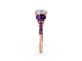 Rose gold Three-Stone Round Cut Diamond Ring with Round with Amethyst side stone Pavé Band and Prong Setting_2