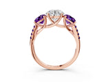 Rose gold Three-Stone Round Cut Diamond Ring with Round with Amethyst side stone Pavé Band and Prong Setting_3