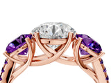 Rose gold Three-Stone Round Cut Diamond Ring with Round with Amethyst side stone Pavé Band and Prong Setting_4
