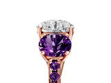 Rose gold Three-Stone Round Cut Diamond Ring with Round with Amethyst side stone Pavé Band and Prong Setting_5