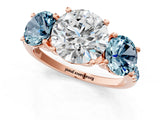 Rose gold Three-Stone Round Cut Diamond Ring with Round with Aquamarine side stone Pavé Band and Prong Setting_1