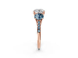 Rose gold Three-Stone Round Cut Diamond Ring with Round with Aquamarine side stone Pavé Band and Prong Setting_2