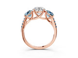 Rose gold Three-Stone Round Cut Diamond Ring with Round with Aquamarine side stone Pavé Band and Prong Setting_3