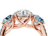 Rose gold Three-Stone Round Cut Diamond Ring with Round with Aquamarine side stone Pavé Band and Prong Setting_4