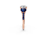Rose gold Three-Stone Round Cut Diamond Ring with Round with Blue Sapphire side stone Pavé Band and Prong Setting_2