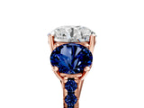 Rose gold Three-Stone Round Cut Diamond Ring with Round with Blue Sapphire side stone Pavé Band and Prong Setting_5