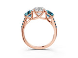 Rose gold Three-Stone Round Cut Diamond Ring with Round with Blue Topaz side stone Pavé Band and Prong Setting_3