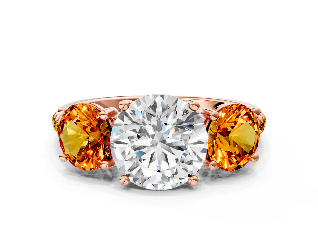 Rose gold Three-Stone Round Cut Diamond Ring with Round with Citrine side stone Pavé Band and Prong Setting