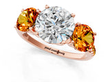 Rose gold Three-Stone Round Cut Diamond Ring with Round with Citrine side stone Pavé Band and Prong Setting_1