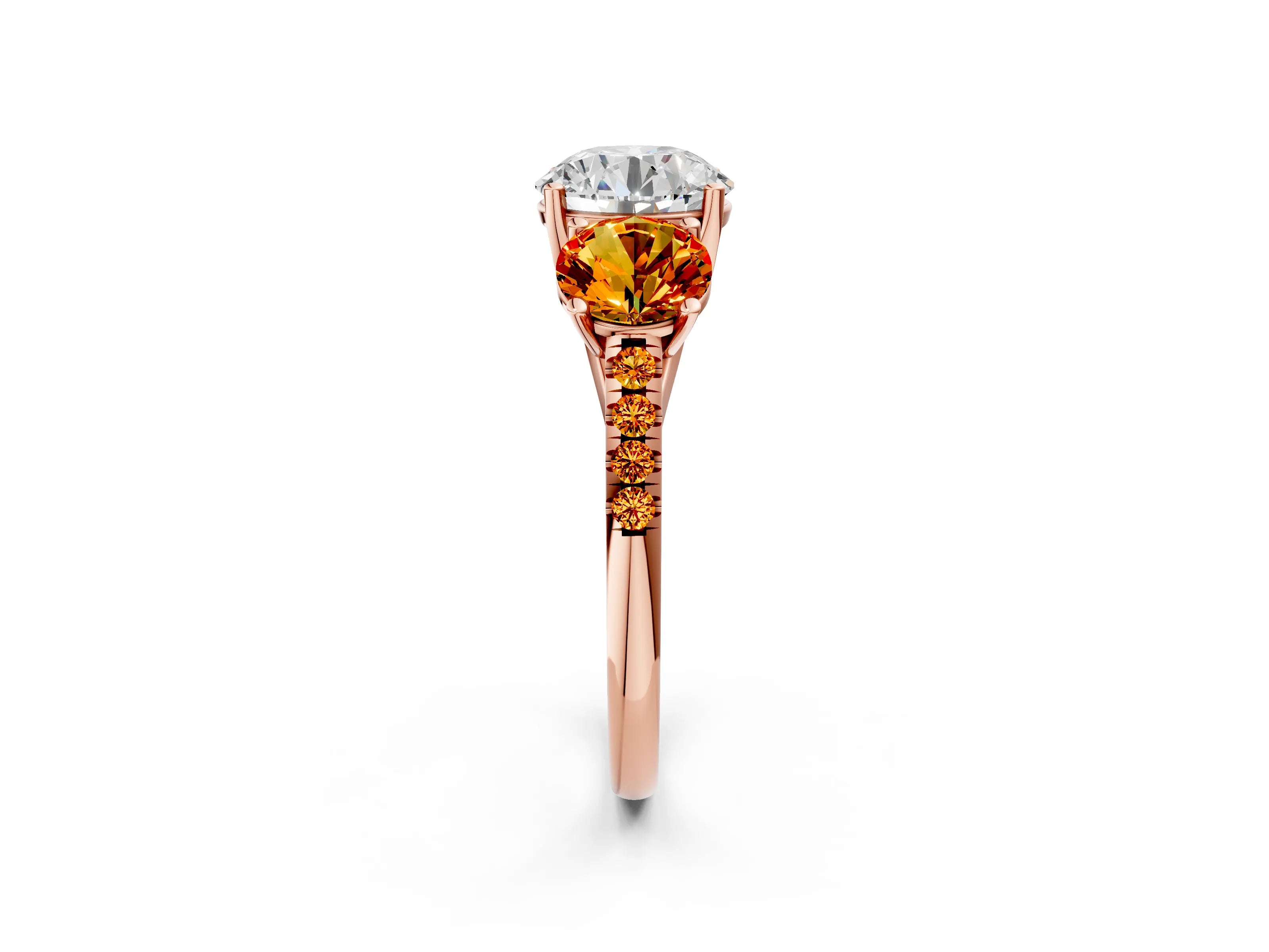 Rose gold Three-Stone Round Cut Diamond Ring with Round with Citrine side stone Pavé Band and Prong Setting_2
