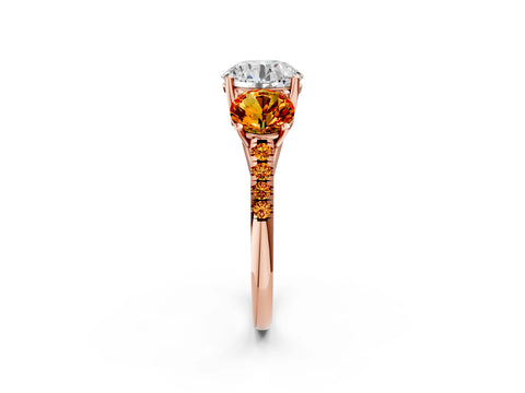 Rose gold Three-Stone Round Cut Diamond Ring with Round with Citrine side stone Pavé Band and Prong Setting_2