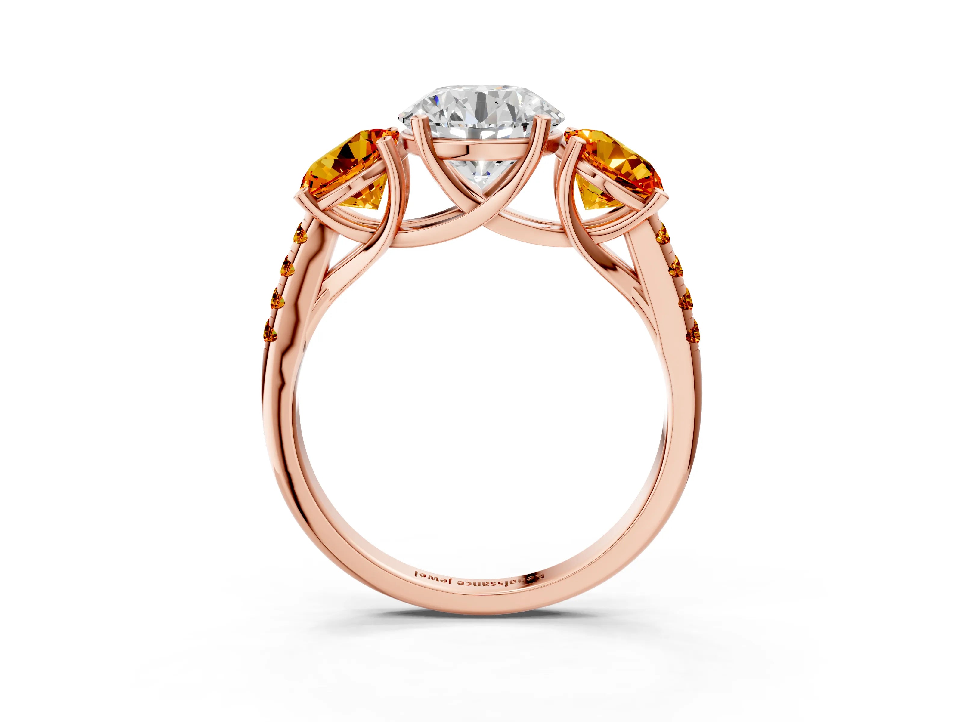 Rose gold Three-Stone Round Cut Diamond Ring with Round with Citrine side stone Pavé Band and Prong Setting_3